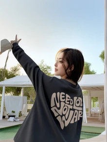 2025秋季新款时尚休闲宽松中长款T恤女字母印花长袖上衣街头韩版 - 深灰 - 查看 4