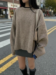 女士秋冬新款法式浪漫休闲百搭简约优雅针织毛衣上衣 - 棕色 - 查看 2