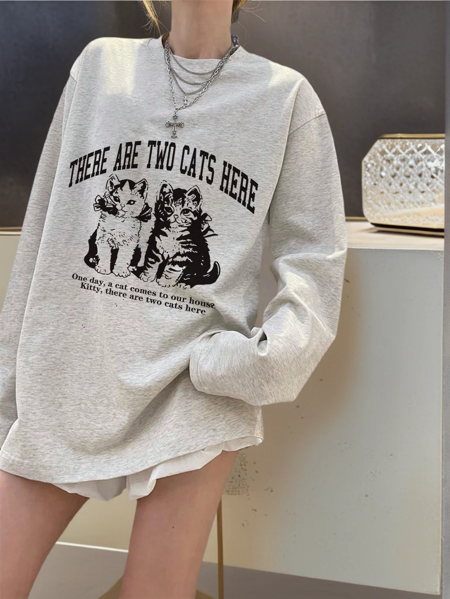 Neuer lässiger, süßer, cartoon-bedruckter Langarm-T-Shirt-Top für Teenager-Mädchen für Herbst/Winter - Hellgrau - Übersicht 1