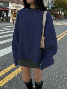 SEREN 新款秋冬酒红色圆领长袖女式毛衣，宽松休闲时尚简约针织套头衫 - 藏蓝色 - 查看 2