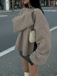 女士秋冬新款法式浪漫休闲百搭简约优雅针织毛衣上衣 - 卡其色 - 查看 1