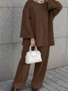 Ribbed Knit 2-Piece Set – Oversized Top & Wide Leg Pants, Winter Clothes, Elegant Women's Set, Casual Sets For Women, Vacation Outfits Women - Brown - View 1