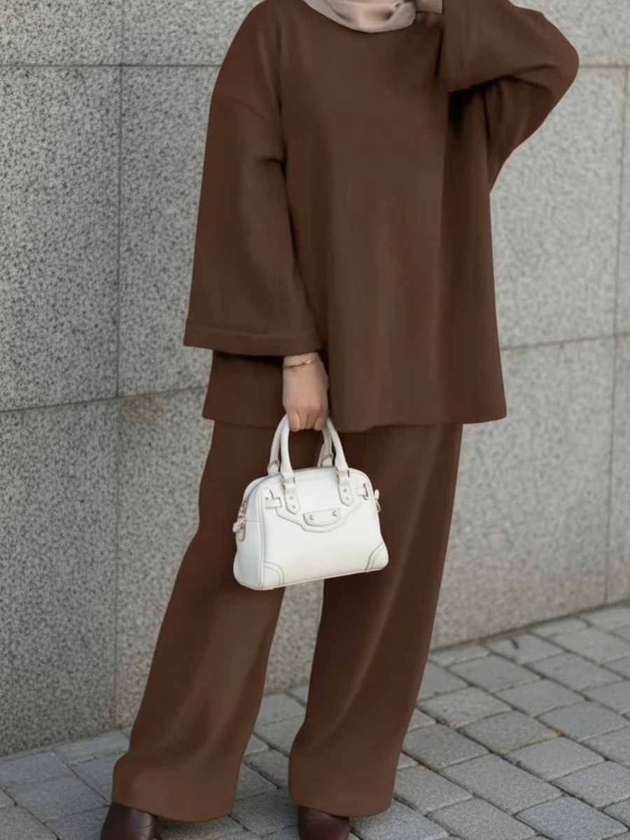 Ribbed Knit 2-Piece Set – Oversized Top & Wide Leg Pants, Winter Clothes, Elegant Women's Set, Casual Sets For Women, Vacation Outfits Women - Brown - View 1