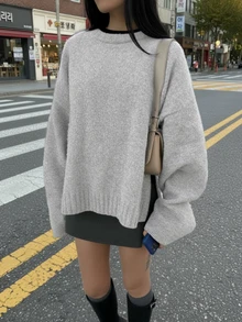 女士秋冬新款法式浪漫休闲百搭简约优雅针织毛衣上衣 - 淺灰色 - 查看 2