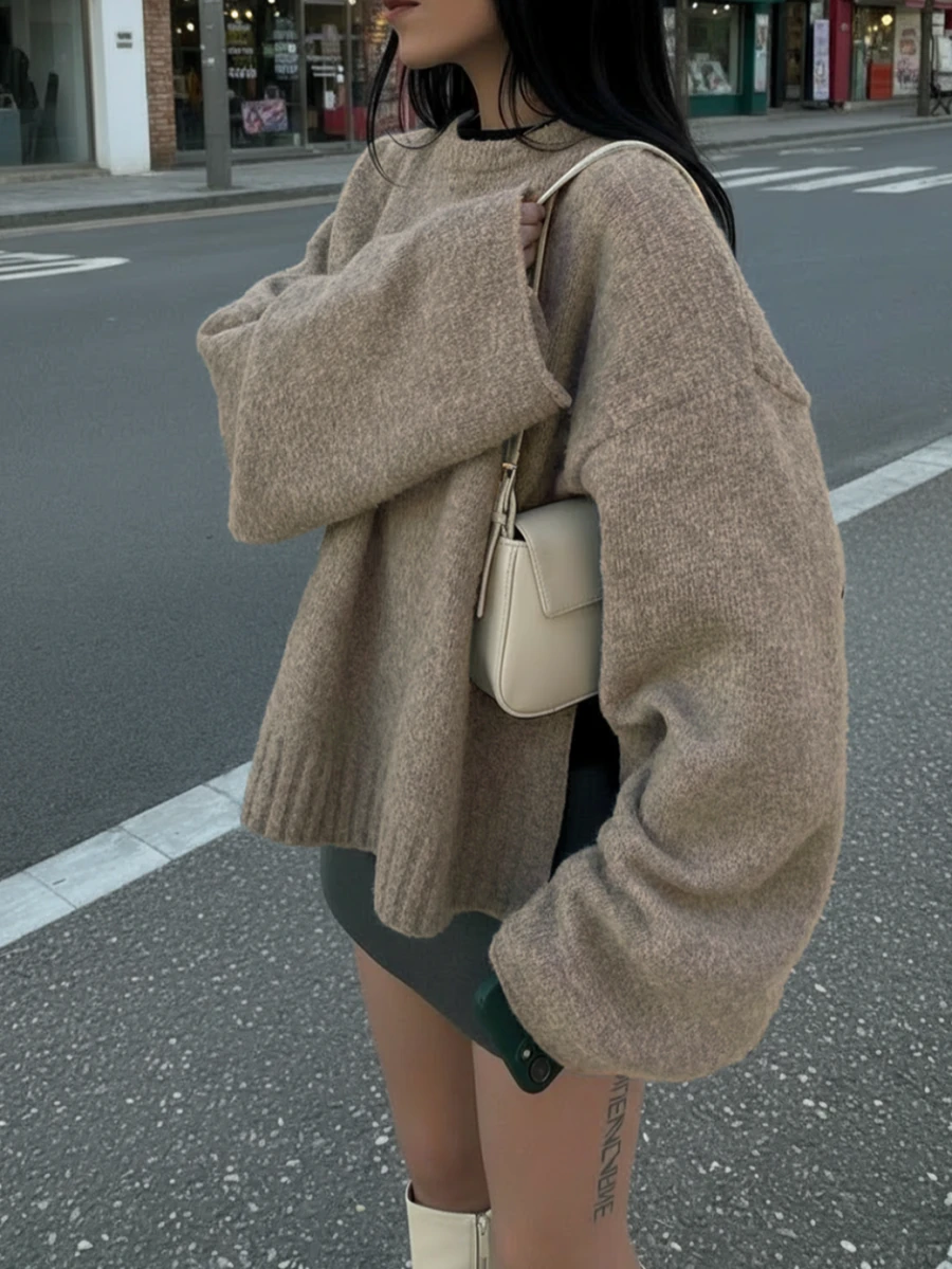 女士秋冬新款法式浪漫休闲百搭简约优雅针织毛衣上衣 - 棕色 - 查看 1