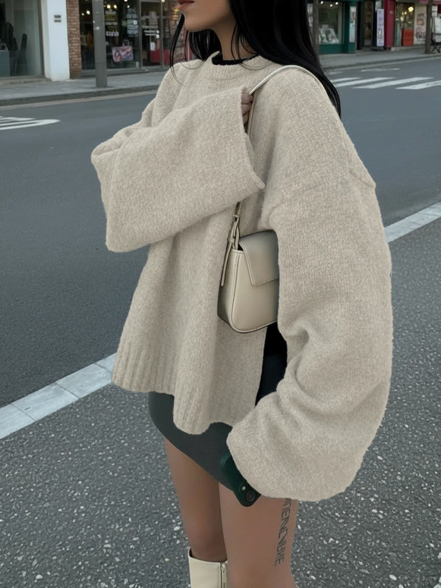 SEREN 新款杏色圆领长袖女式毛衣,宽松休闲时尚简约针织套头衫,圣诞版 - 杏色 - 查看 1