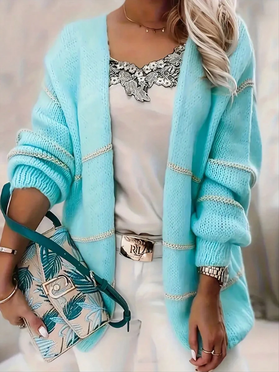 Áo len cardigan tay dài cổ chữ V sọc khối màu thời trang cỡ lớn dành cho nữ - Thiết kế sọc vàng, vải mềm nhẹ - Áo len dệt kim dài ngang gối, mùa thu - Màu xanh lam - Xem 1