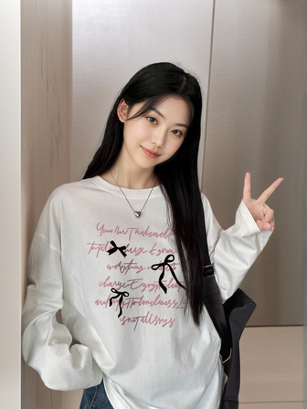 Women's Casual Cute Letter & Bow Printed Loose Fit Round Neck Long Sleeve T-Shirt, Versatile For Autumn/Winter