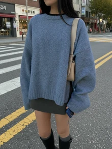 SEREN 新款杏色圆领长袖女式毛衣，宽松休闲时尚简约针织套头衫，圣诞版 - 寶藍色 - 查看 2