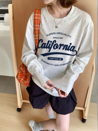 Women's Casual Letter Print Round Neck Oversized Cute Girl Long Sleeve T-Shirt, Versatile For Autumn/Winter