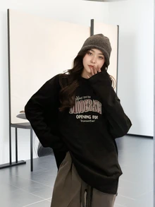 女式圆领字母印花休闲百搭可爱时尚超大长袖 T 恤，秋冬 - 黑色 - 查看 1