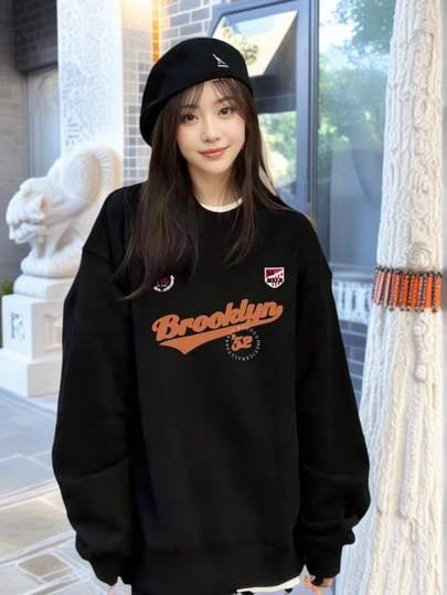 1 件休闲美式学院风图案印花宽松套头衫，适合女士，百搭日常穿着，秋冬