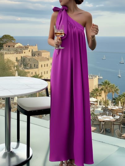 优雅纯色单肩长裙，夏季