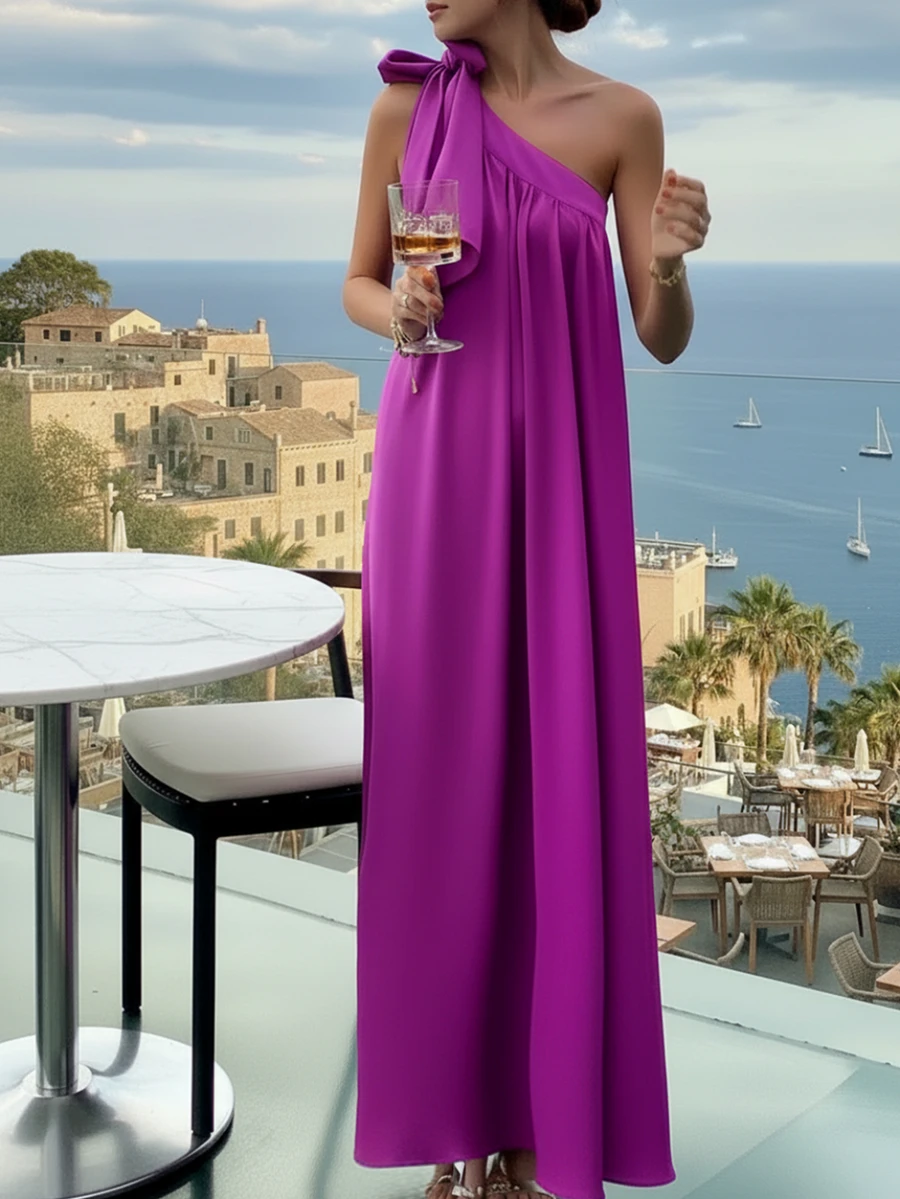 Elegant Solid Color Maxi One-Shoulder Dress, Summer