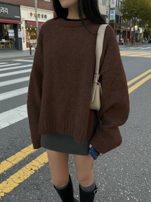 SEREN 新款纯色圆领长袖女式毛衣，宽松休闲时尚简约针织套头衫，圣诞版 - 咖啡棕 - 查看 2