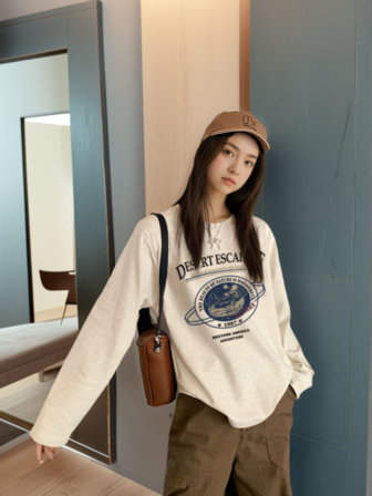 Women Spring/Summer New Loose Fit Round Neck Casual Versatile Kawaii Print Long Sleeve T-Shirt Top