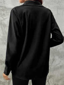 女士灯芯绒衬衫，双口袋设计，复古翻领，百搭街头风，优雅女士上衣，黑色 - 黑色 - 查看 2