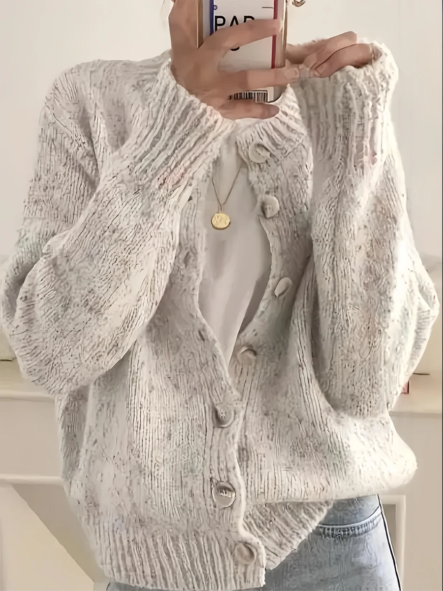 女士优雅时尚圆领长袖开衫毛衣，纯色涤纶面料，纽扣开衫，适合秋冬季日常穿着，柔软舒适——新年必备单品 - 杏色 - 查看 1