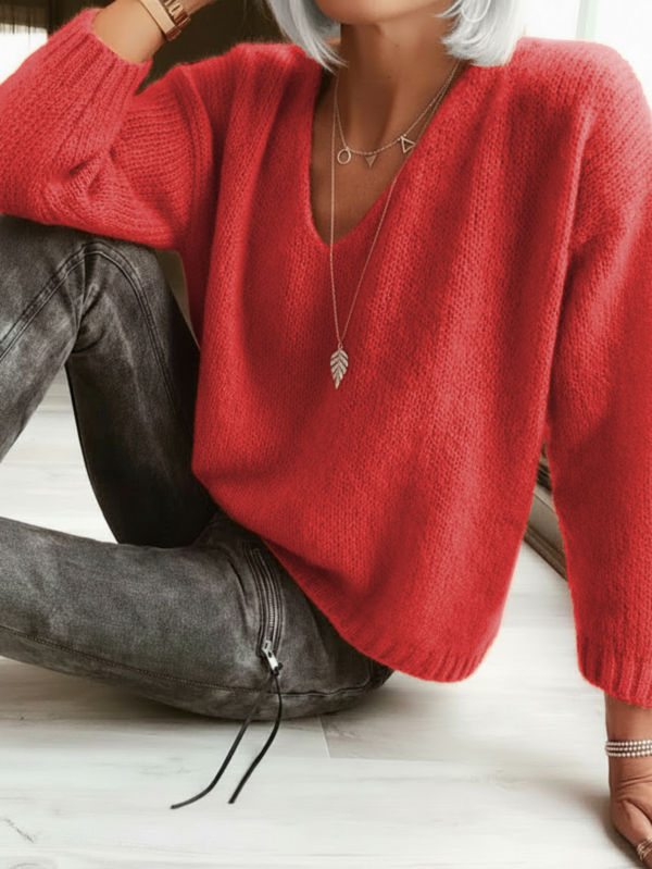 Women's Simple Solid V-Neck Loose Slimming Casual Pullover Long Sleeve Sweater, Autumn/Winter