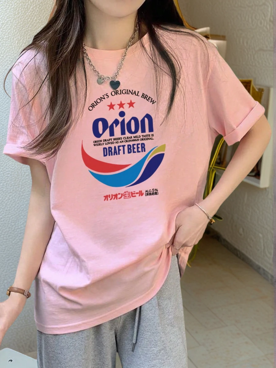 Women's Summer Beer Print Japanese Text Round Neck Casual Versatile Graphic Short Sleeve T-Shirt, Fashionable