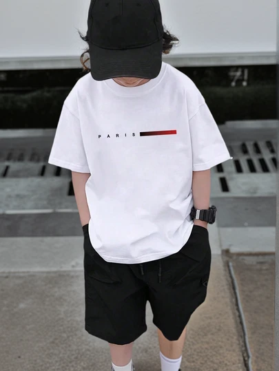 Tween Boy Casual White Print Crew Neck Short Sleeve T-Shirt For Summer