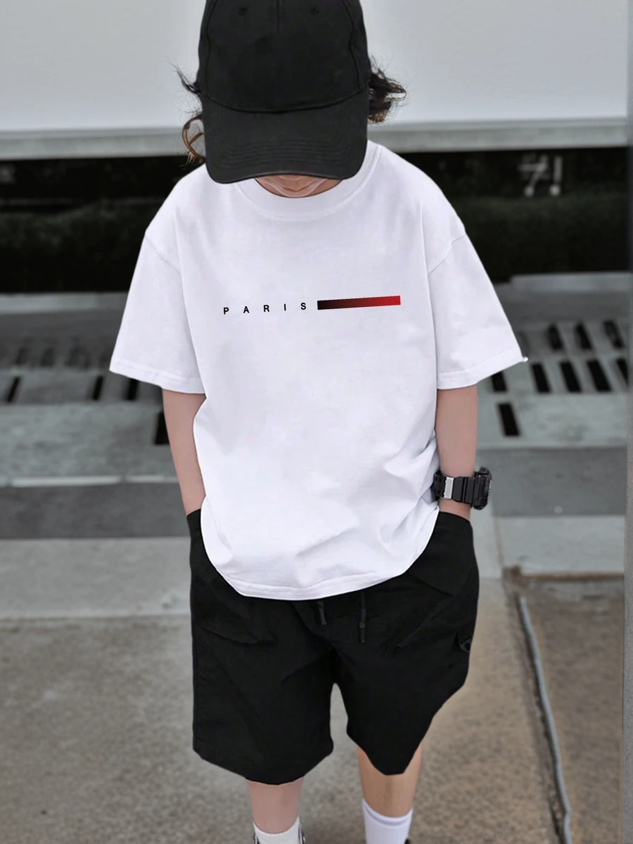 Tween Boy Casual White Print Crew Neck Short Sleeve T-Shirt For Summer