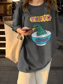 女士休闲宽松卡通人物日式印花短袖T恤，夏季 - 深灰色 - 查看 1