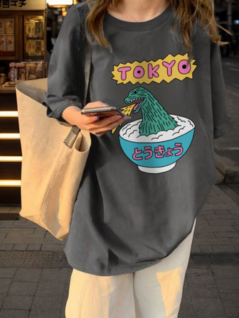 女士休闲宽松卡通人物日式印花短袖T恤，夏季