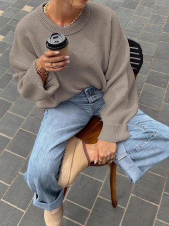 PENTRU FRUMUSEȚE Pulover tricotat minimalist de culoare solidă, cu guler rotund și mânecă lungă, toamnă și iarnă, pentru femei, pulover casual nou pentru naveta, pulover lejer moale și confortabil, top la modă pentru Anul Nou