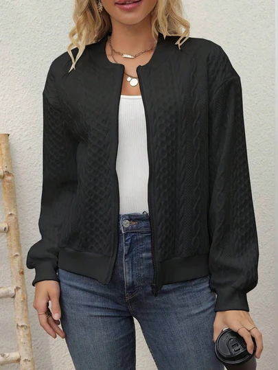 女式纯色落肩长袖拉链棒球夹克，春秋季