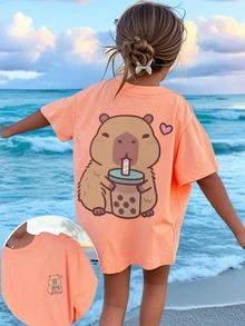 Girls And Teenagers Students Casual Orange Print Round Neck Short Sleeve T-Shirt Summer Top - Orange - View 7