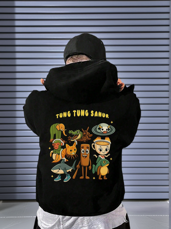 1 件青少年男孩休闲印花套头连帽衫，保暖内衬，长袖，秋冬