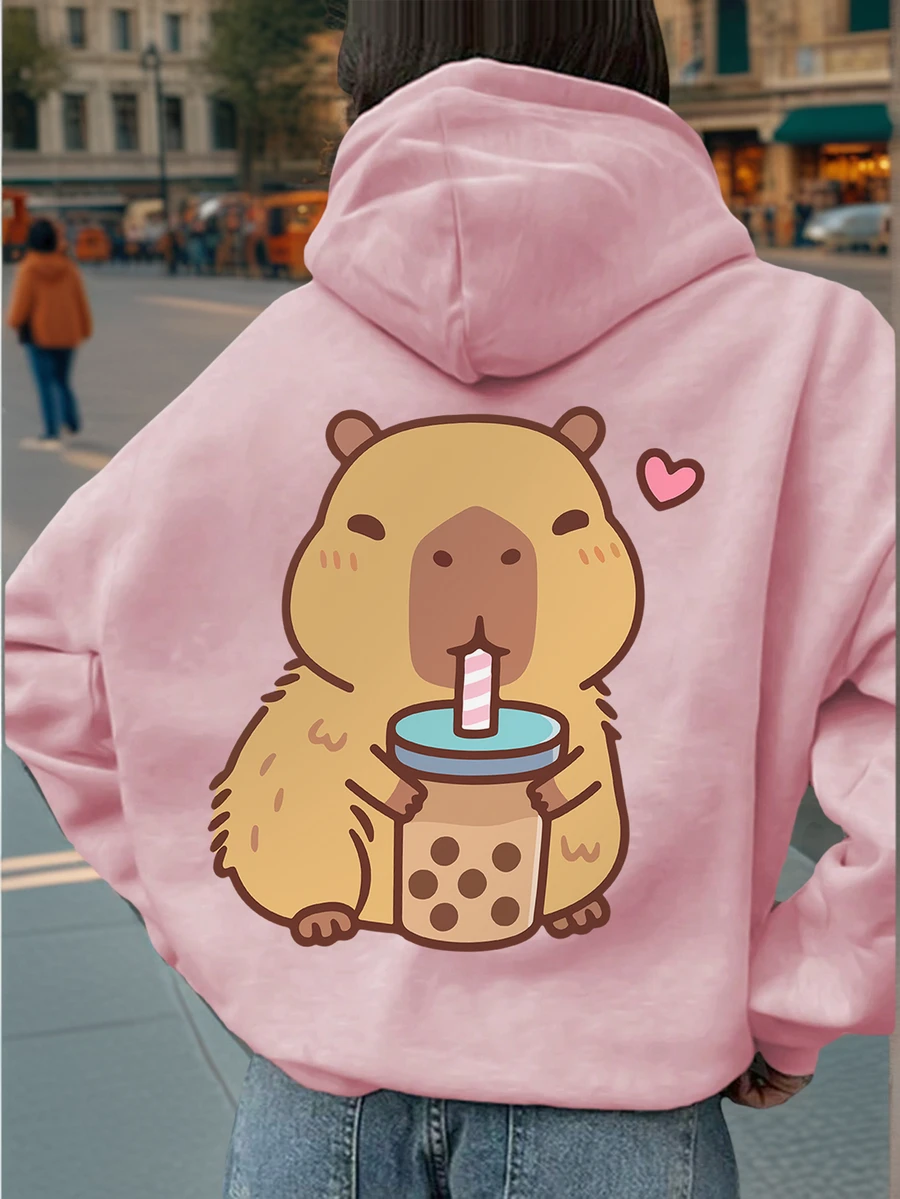 1pc Tween Girl Casual Printed Pullover Sweatshirt, Thermal Lined, Long Sleeve, Autumn/Winter - Pink - View 1