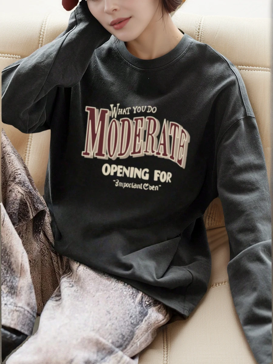 Women's Round Neck Letter Print Casual All-Match Cute Girl Oversized Long Sleeve T-Shirt, Autumn/Winter New - Dark Grey - View 1