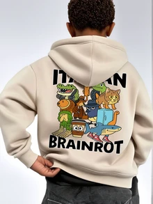 1pc Tween Boys' Casual Printed Pullover Sweatshirt, Thermal Lined, Long Sleeve, Autumn/Winter