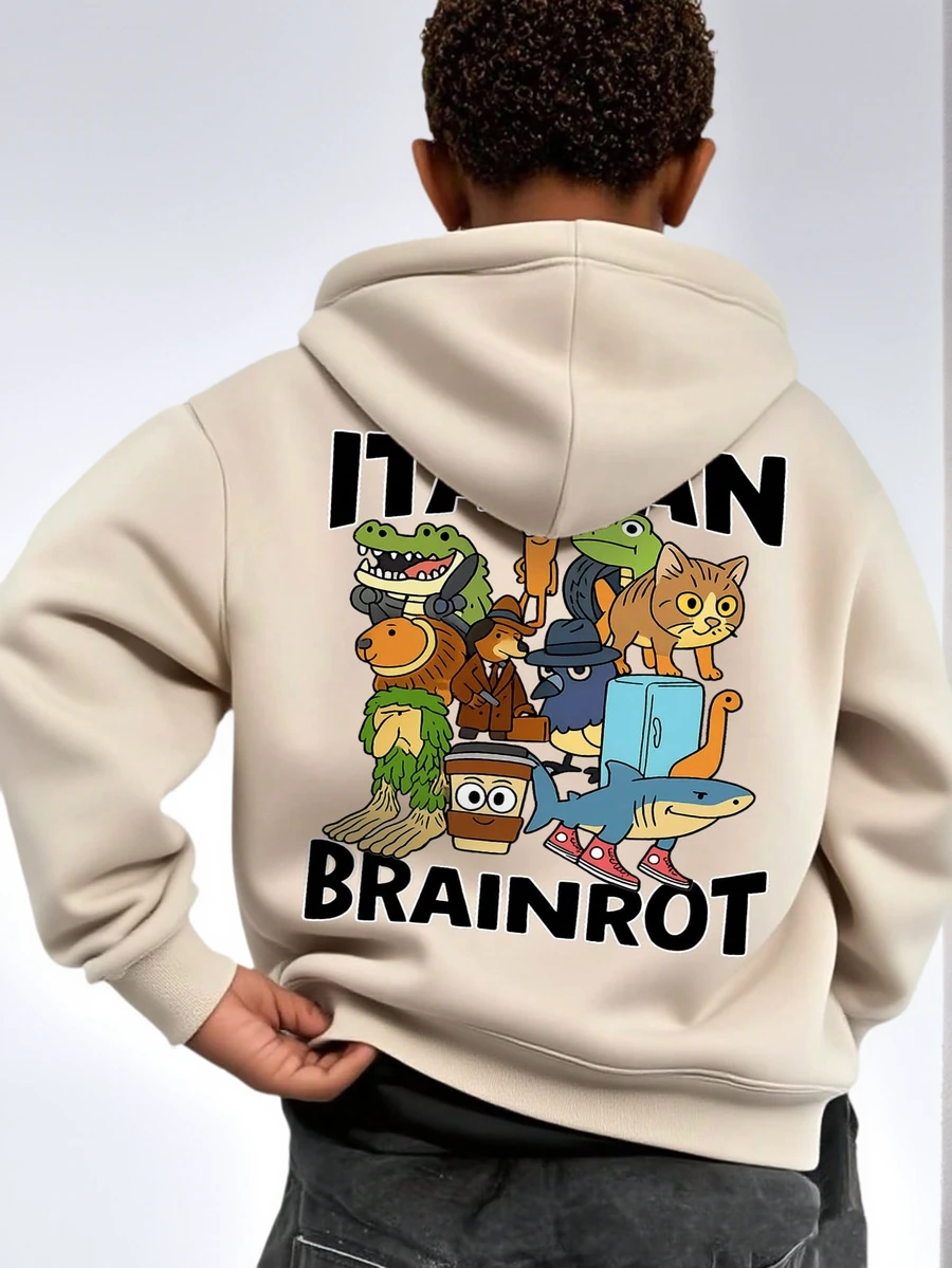 1pc Tween Boys' Casual Printed Pullover Sweatshirt, Thermal Lined, Long Sleeve, Autumn/Winter