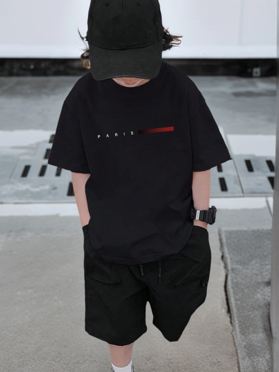 Tween Boy Casual Graphic Print Black Round Neck Short Sleeve T-Shirt, Summer Top - Black - View 1