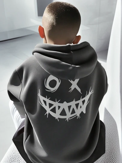 Tween Boys Casual Printed Black Termo Fodrad Hoodie, Höst