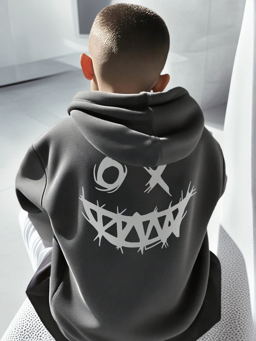 Tween Boys Casual Printed Black Thermal Lined Hoodie Sweatshirt, Autumn