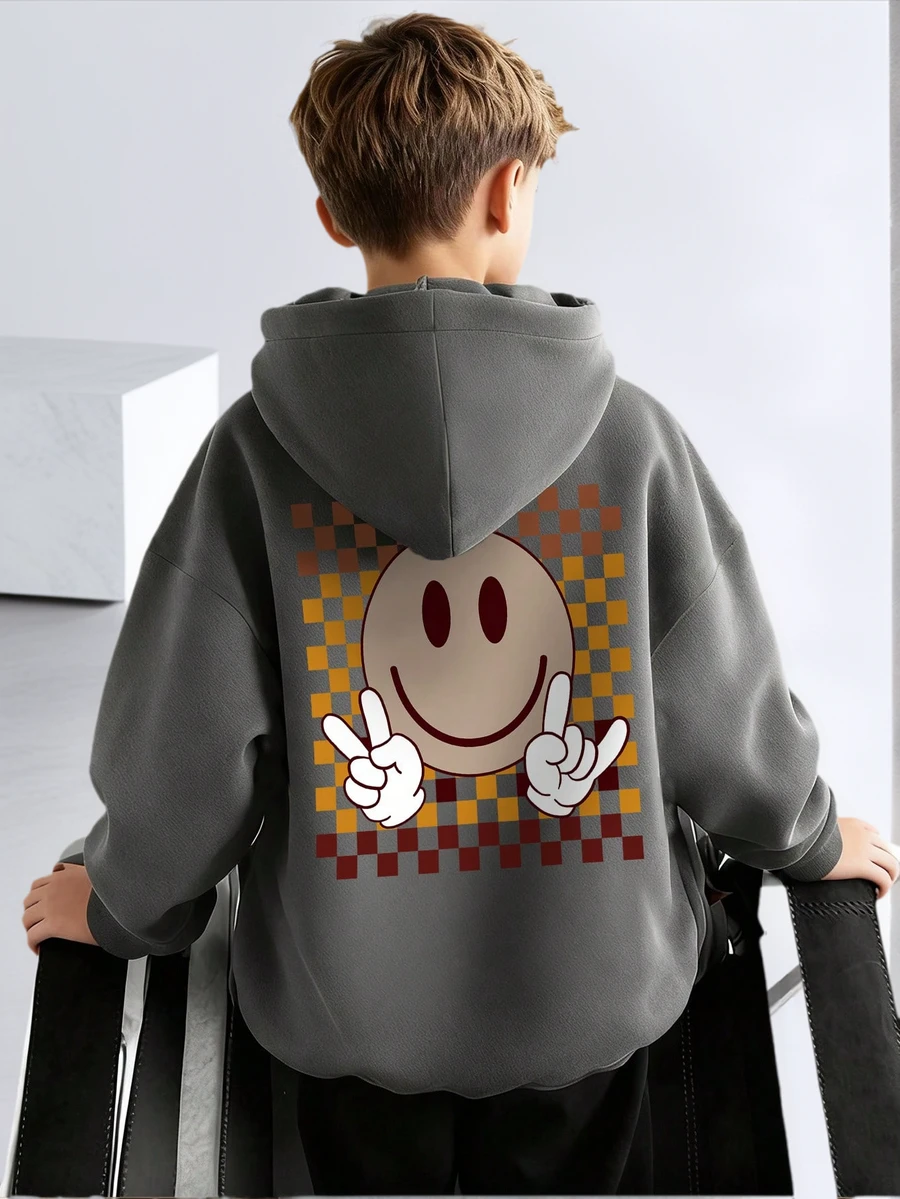 1pc Tween Boy Casual Printed Pullover Sweatshirt, Thermal Lined, Long Sleeve, Autumn/Winter - Dark Grey - View 1
