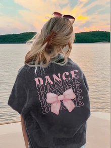 Girls' Casual Short Sleeve T-Shirt With Heart & Bow Cartoon Print, Versatile Summer Top - Dark Grey - View 1