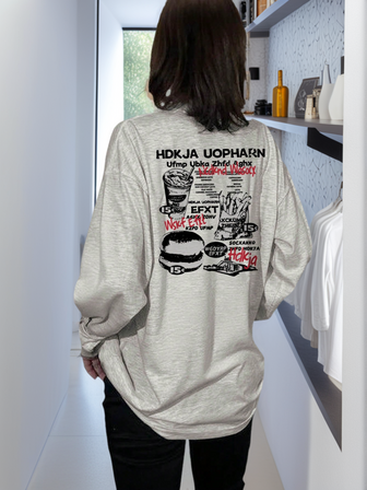 Autumn New Women's Petite Casual Loose Round Neck Hamburger Contrast Color Print Street Everyday Versatile Pattern Long Sleeve T-Shirt Top