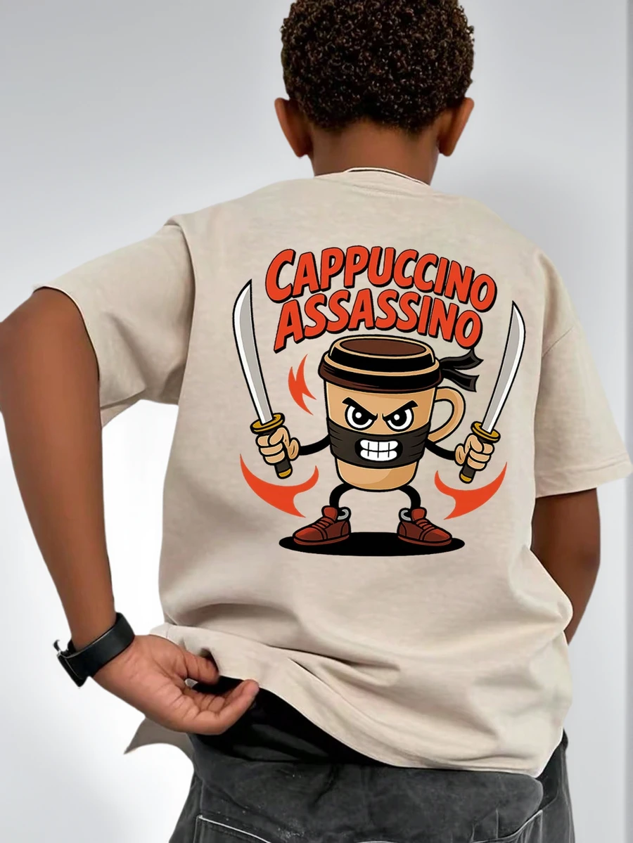 男孩和青少年休闲印花圆领短袖T恤，夏季上衣