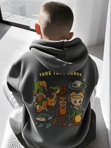 1件装男童休闲印花套头卫衣，保暖内衬，长袖，秋冬季