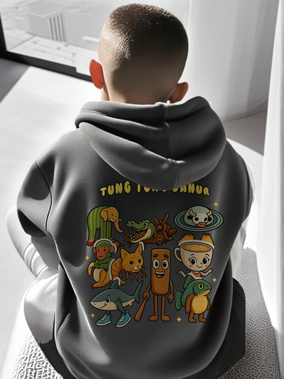 1 st. Tween Pojkars Casual Printed Pullover Hoodie, Termofodrad, Långärmad, Höst/Vinter