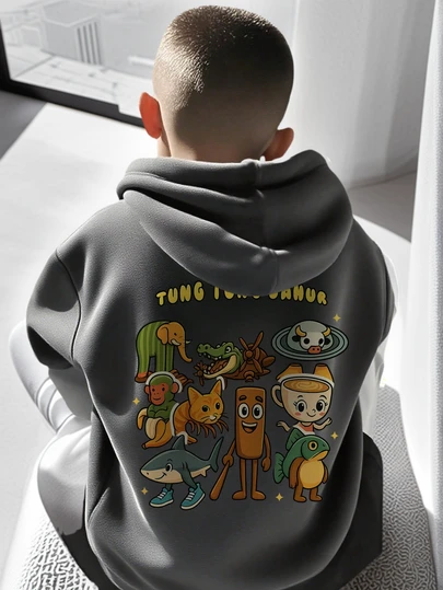 1 pieza Sudadera informal con estampado para niño preadolescente, forrada térmica, manga larga, otoño/invierno