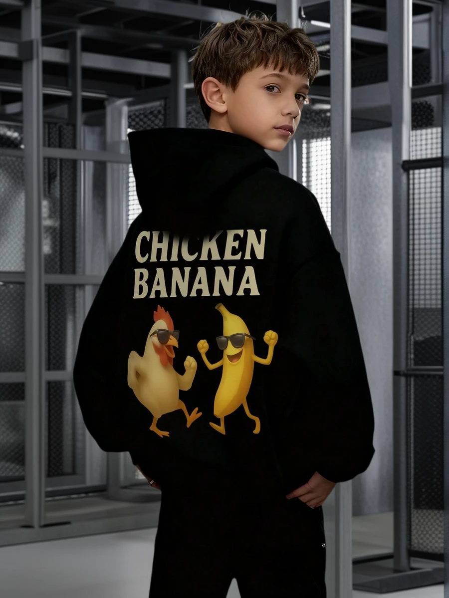 1pc Tween Boy Casual Printed Pullover Sweatshirt, Thermal Lined, Long Sleeve, Autumn/Winter