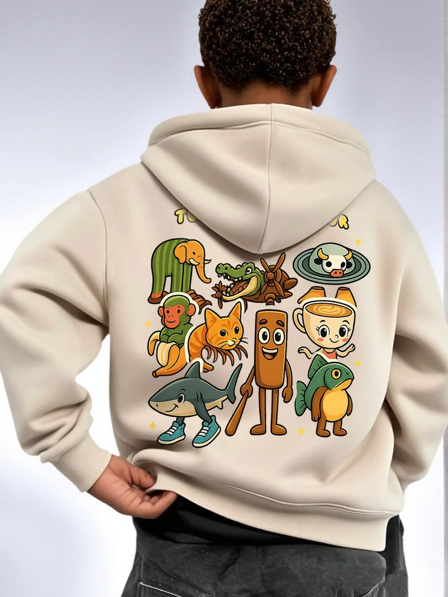 1pc Tween Boys' Casual Printed Pullover Sweatshirt, Thermal Lined, Long Sleeve, Autumn/Winter