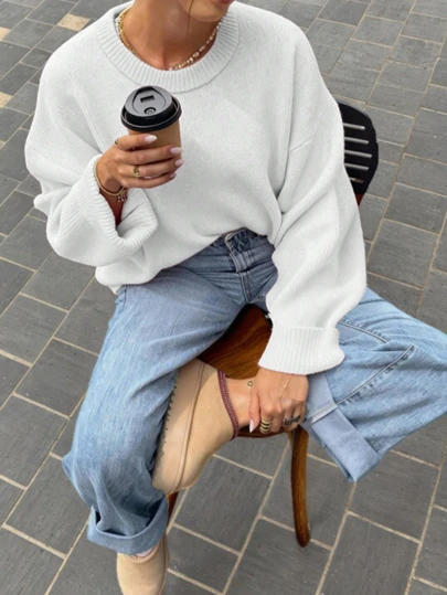 Nuevo jersey de punto de cuello redondo de manga larga de unicolor minimalista para primavera y otoño, blusa de manga larga holgada de estilo informal para mujeres, nuevo estilo para el Año Nuevo