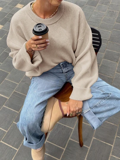 FOR BEAUTY Sonbahar/Kış Yeni Yuvarlak Yaka Uzun Kollu Düz Renk Minimalist Örme Kazak, Kadın Günlük İşe Gidiş-Dönüş Kazak, Yumuşak Rahat Bol Kesim Kazak, Yeni Yıl İçin Şık Üst Giyim